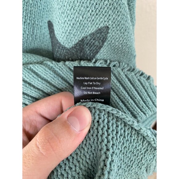 Pol Womens Hooded Star Knit Sweater Large Teal Distressed Drawstring Pullover - Picture 5 of 6